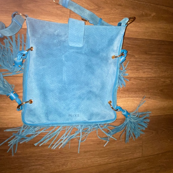 Stunning Large Emilio Pucci Turquoise Blue Suede Fringe Handbag - Picture 12 of 16